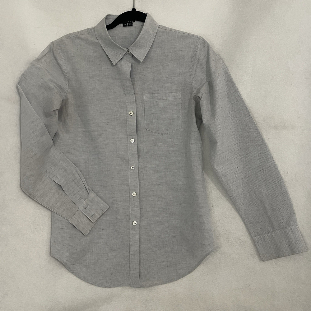 Theory Women’s Nikala Fitted Boyfriend Gray Button Up Linen Blend Shirt Size M
